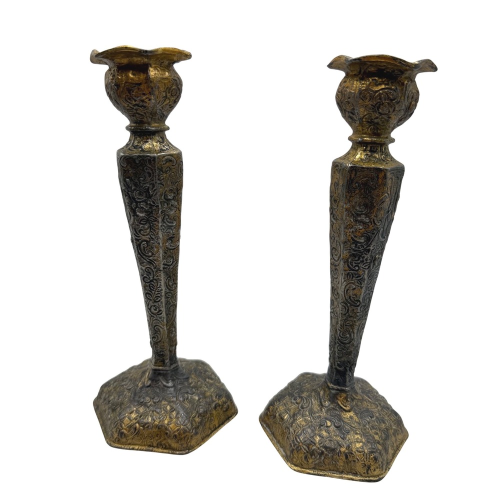 Vintage Early 1900s‎ Brass Candle Holders Pair Ornate Pat Applied For USA 8"